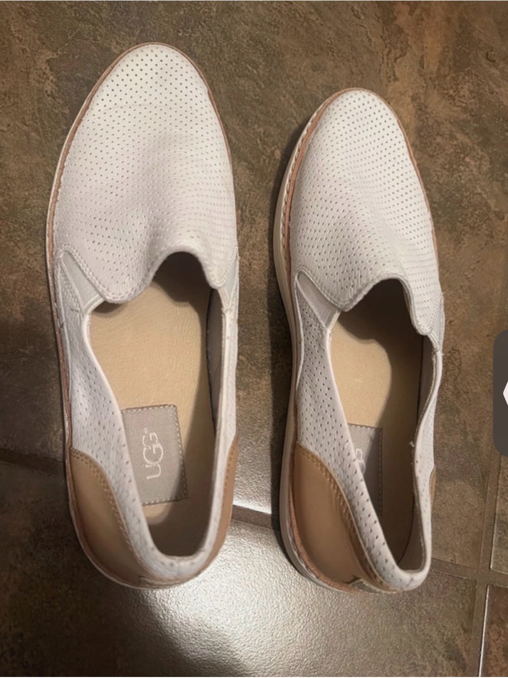 UGG White Perforated Slip-On Flats with Tan Heel Accent